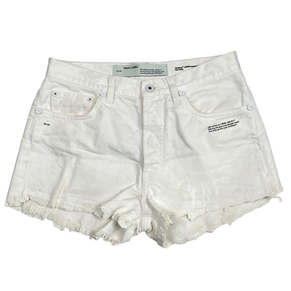 Off-White Virgil Abloh Womens 26 Fits 30W White Coated Frayed Denim Shorts Italy